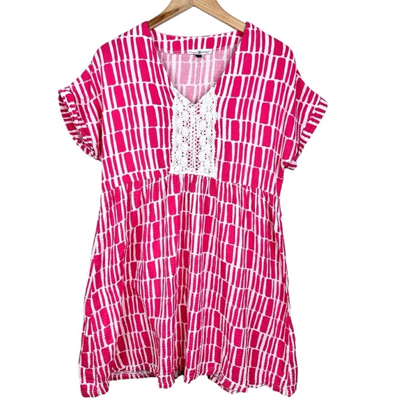 Michelle McDowell Gauze Babydoll Dress Pink White Geometric Print Crochet Lace - Picture 10 of 11